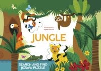 Puzzle piece with yellow leopard in jungle, sloth hanging from tree, on activity box 'Jungle: Search and Find Jigsaw Puzzle', by White Star.