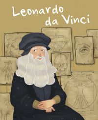 Book cover of Leonardo da Vinci, from the Genius series, with a man with large white beard wearing a large navy smock; Vitruvian and skull drawings behind. Published by White Star.