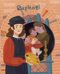 Book cover of Raphael from the Genius series, with an artist painting a mother and child on round canvas. Published by White Star.