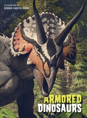 Eotriceratops with three horns, roaming through the jungle, on cover of 'Armoured Dinosaurs', by White Star.