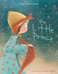 Book cover of The Little Prince, with a little boy sitting under a starry night sky, with a fox on his shoulder. Published by White Star.