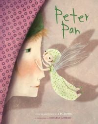 Boy in floral green jumpsuit with wings, resting hands on large human face, on cover of 'Peter Pan, Based on the Masterpiece by J.M. Barrie', by White Star.