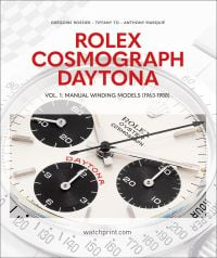 Book cover of Rolex Cosmograph Daytona, Vol. 1: Manual Winding Models (1963-1988), featuring a luxury silver watch with white face. Published by Watchprint.com.