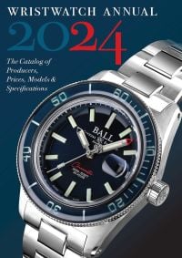 Book cover of Wristwatch Annual 2024, The Catalog of Producers, Prices, Models, and Specifications, with a ball Engineer M Skindiver III Beyond silver watch with sapphire face. Published by Abbeville Press.