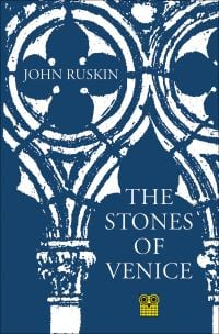 Italian stonework on blue cover of The Stones of Venice, by Pallas Athene.
