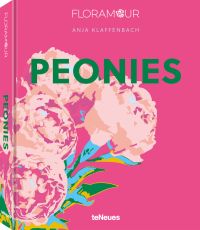 Pink book cover of Anja Klaffenbach's Peonies, with four pink flowers. Published by teNeues Books.