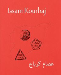 Red cover of exhibition catalog on Issam Kourbaj, with three black home office stamps. Published by Kettle's Yard, University of Cambridge.