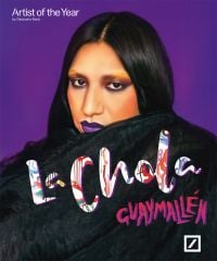 Book cover of La Chola Poblete: Guaymallén: Deutsche Bank Artist of the Year 2023, with the artist wrapped in black coat, and wearing purple lipstick. Published by Kerber.