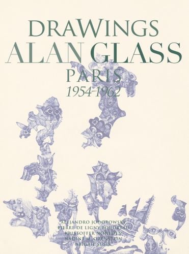 Book cover of Drawings Alan Glass: Paris 1954-1962, with blue ballpoint pen ink drawings of surrealist figures. Published by Ediciones El Viso.