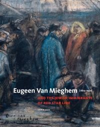 Pastel sketch of Jewish immigrants, Eugeen Van Mieghem (1875-1930) in white font below.
