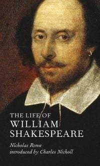 Book cover of The Life of William Shakespeare, with Chandos portrait of male with gold earring in left ear lobe. Published by Pallas Athene.