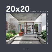 Book cover of 20 x 20: Twenty Architects x Twenty Iconic Homes of India, featuring a residential property with large concrete steps leading into patio doors. Published by Roli Books.