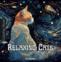 Book cover of Relaxing Cats: Colouring Book, featuring a white and tan cat with a dark landscape behind. Published by White Star.