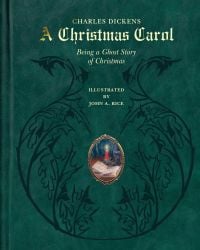 Book cover of A Christmas Carol: Being a Ghost Story of Christmas, with a book illuminated by candle light. Published by Abbeville Press.