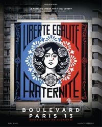 Book cover of Boulevard Paris 13: The Open-Air Street Art Museum, featuring Frank Shepard Fairey's art print titled 'Liberté, Egalité, Fraternité'. Published by Albin Michel.