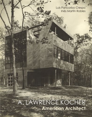 Book cover of Lawrence Kocher: American Architect, featuring a modern two story building. Published by ORO Editions.