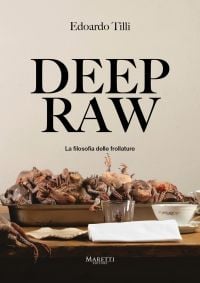 Book cover of Deep Raw: La Filosofia delle Frollature, will a tray of dead, de-feathered birds. Published by Manfredi Edizioni.