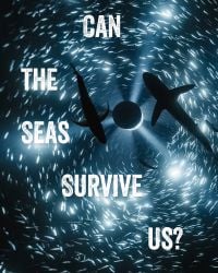 Book cover of Can the Seas Survive Us? with the sea full of fish and two sharks. Published by Kulturalis.