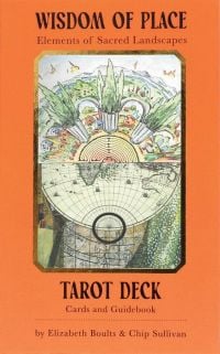 Box cover of Wisdom of Place Tarot Deck: Elements of Sacred Landscapes, featuring a painted landscape, and a globe map. Published by ORO Editions.