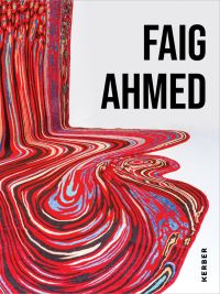 Book cover of Faig Ahmed, with a large, red textile rug suspended on white exhibition wall, with the black bottom half in shape of spilt liquid. Published by Kerber.