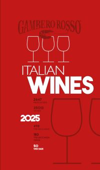 Book cover of Italian Wines 2025, with wine glasses. Published by Gambero Rosso.