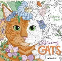 Book cover of Relaxing Cats: Colouring Book, featuring a white and tan cat with a dark landscape behind. Published by White Star.