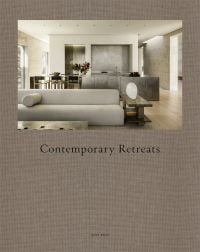 Linen book cover of Contemporary Retreats, featuring an interior living space in shades of grey. Published by Beta-Plus.