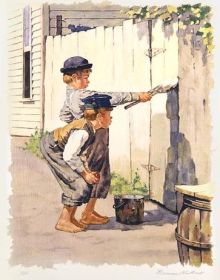 Two-volume box set of The Adventures of Tom Sawyer and Huckleberry Finn, with an illustration by Norman Rockwell of two boys whitewashing the fence, 1936. Published by Abbeville Press.