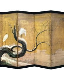 Landscape painting of a leafless tree with curled trunk framed in black with Japanese Screens in gold font above