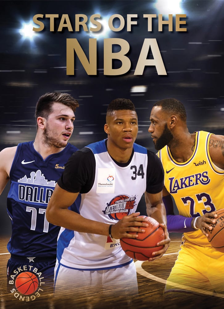 Book cover of Stars of the NBA, featuring basketball players Luka Don?i?, Giannis Antetokounmpo, and LeBron James, in action on court. Published by Abbeville Press.