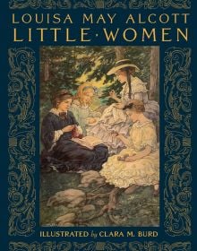 Book cover of Little Women, featuring an illustration of sisters Meg, Jo, Beth, and Amy March sitting under tree. Published by Abbeville Press.