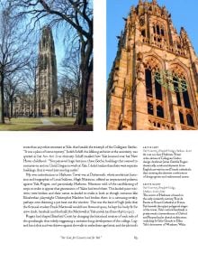 Book cover of Academia, Collegiate Gothic Architecture in the United States', with a grand interior of University of Michigan Law Library, with large stained glass window and low hanging candelabras. Published by Abbeville Press.