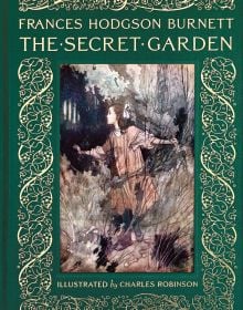 Book cover of The Secret Garden', with a young girl trying the handle of a secret door. Published by Abbeville Press.