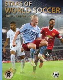 Book cover of Illugi Jökulsson's fourth edition of Stars of World Soccer, featuring footballers Kylian Mbappé, Erling Haaland and Marcus Rashford, in action on the pitch. Published by Abbeville Press.