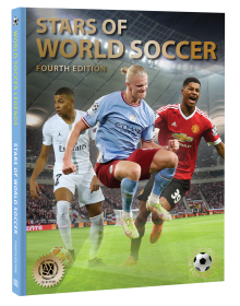 Book cover of Illugi Jökulsson's fourth edition of Stars of World Soccer, featuring footballers Kylian Mbappé, Erling Haaland and Marcus Rashford, in action on the pitch. Published by Abbeville Press.