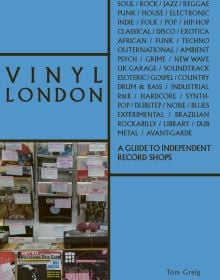 Record shop display, on blue cover of 'Vinyl London, A Guide to Independent Record Shops', by ACC Art Books.