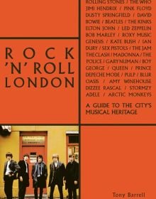 Early photo of Rolling Stones standing outside a London café, on orange cover of 'Rock 'n' Roll London', by ACC Art Books.