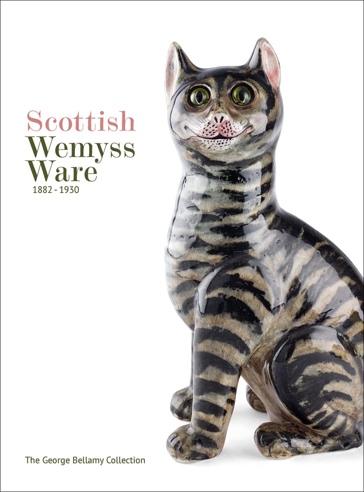 Book cover of Scottish Wemyss Ware 1882-1930, with a Wemyss Ware grinning cat with green eyes. Published by ACC Art Books.