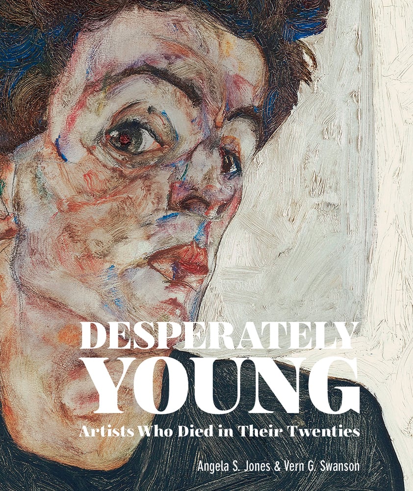 Book cover of Desperately Young Artists Who Died in Their Twenties, with detail of a painting titled 'Self-Portrait with Chinese Lantern Plant', by Egon Schiele. Published by ACC Art Books.