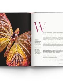 Book cover of Winged Beauty, The Butterfly Jewellery Art of Wallace Chan, with a jewellery piece made of purple feathers. by ACC Art Books.