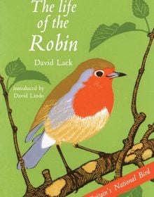 Red robin perched on tree branch, on cover 'The Life of the Robin', by Pallas Athene.