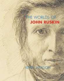 Sketch of John Ruskin on beige cover, 'THE WORLDS OF JOHN RUSKIN', in blue, and red font above, by Pallas Athene.