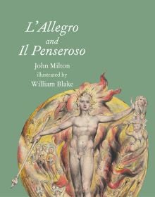 William Blake's artwork 'The Sun at His Eastern Gate', to lower half of sage green cover, 'L’allegro and Il Penseroso', in white font to upper left corner.