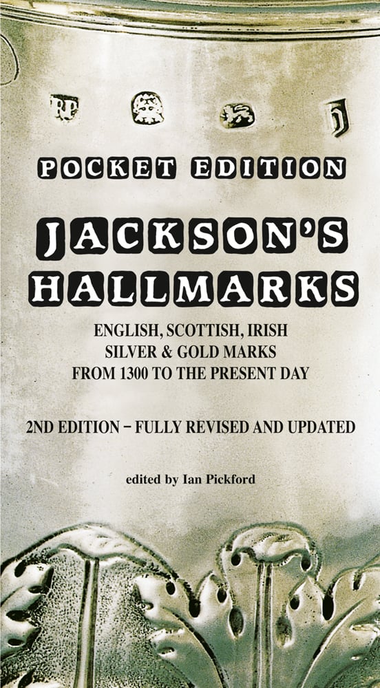 Book cover of Jackson’s Hallmarks, Pocket Edition, with a stamped antique silver with decorative leaf design. Published by ACC Art Books.