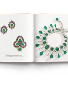 Book cover of Bulgari Treasures of Rome, featuring two halves of sapphire and emerald gemstones encrusted jewellery. Published by ACC Art Books.