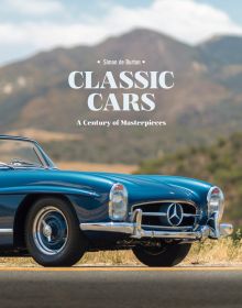 Book cover of Classic Cars, A Century of Masterpieces, with a blue Mercedes Benz 300 SL cabriolet, with mountain landscape behind. Published by ACC Art Books.