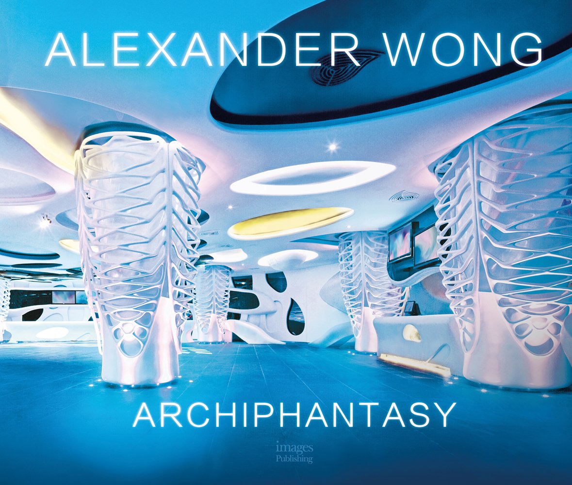 Book cover of Alexander Wong: Archiphantasy, with a futuristic spaceship like interior in bright blue and pearlescent white. Published by Images Publishing.