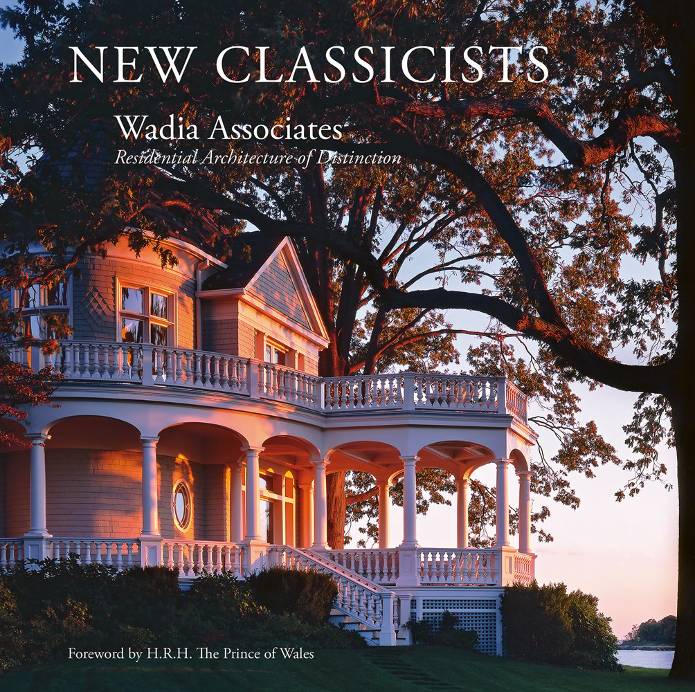 Book cover of Wadia Associates: New Classicists; Residential Architecture of Distinction, with a Queen Anne style home illuminated by dusky pink evening sky. Published by Images Publishing.