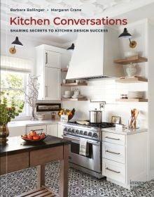 Book cover of Kitchen Conversations: Sharing Secrets to Kitchen Design Success, with the interior of clean, white kitchen with tiled floor and large oven. Published by Images Publishing.