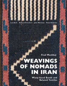 Black woven fabric with red and blue pattern to edges, on cover of 'Weavings of Nomads in Iran, Warp-faced Bands and Related Textiles', by Hali Publications.